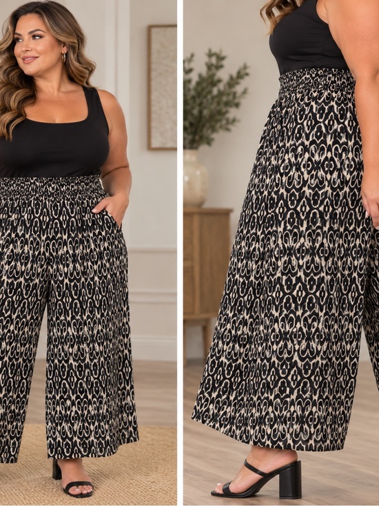 Rose & Olive Pants - Rose & Olive Black and Cream Wide-Leg Ikat Print Palazzo Pants